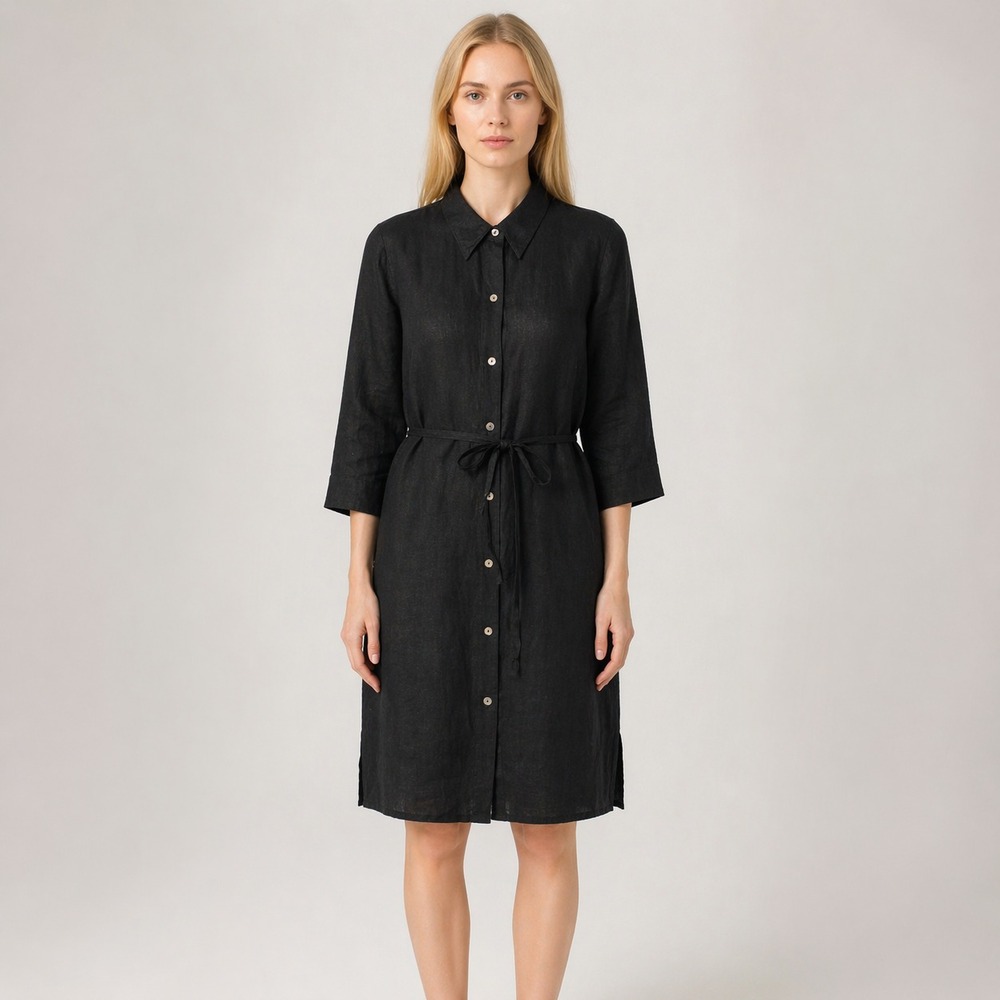 Steilmann Linen Shirt Dress Minimalist Tie Waist Casual Black Chic *See Measurem